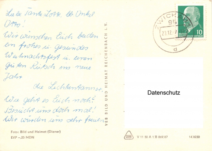 Rückansicht - Herzliche Weihnachtsgrüße und Neujahrsgrüße aus Zwickau, 1957 - Postkarte aus der Deutschen Demokratischen Republik Postkarte sehr selten!