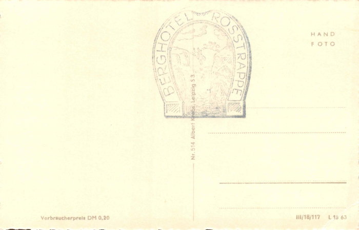 Rückansicht - Hirschgrund mit Blick zum Hexenplatz, 1963 - Postkarte vom Berghotel Rosstrappe Karton, s/w-Abzug