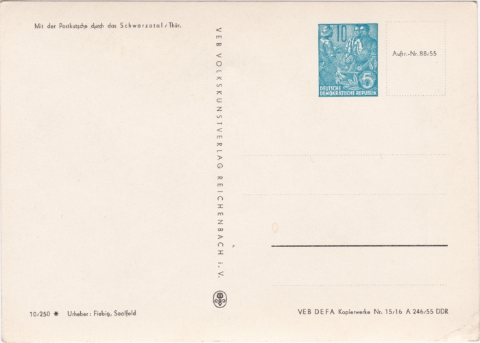 Rückansicht - Mit der Postkutsche durch das Schwarzatal, Thüringen 1955 - Ansichtskarte Postkutsche vom Wald-Hotel Trippstein unbenutzt