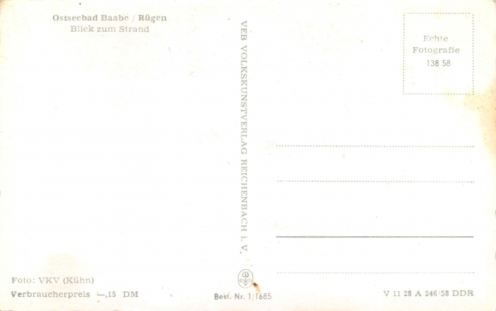 Rückansicht - Ostseebad Baabe - Blick zum Strand, Postkarte 1958 - Blick zum Strand Karton, s/w-Abzug