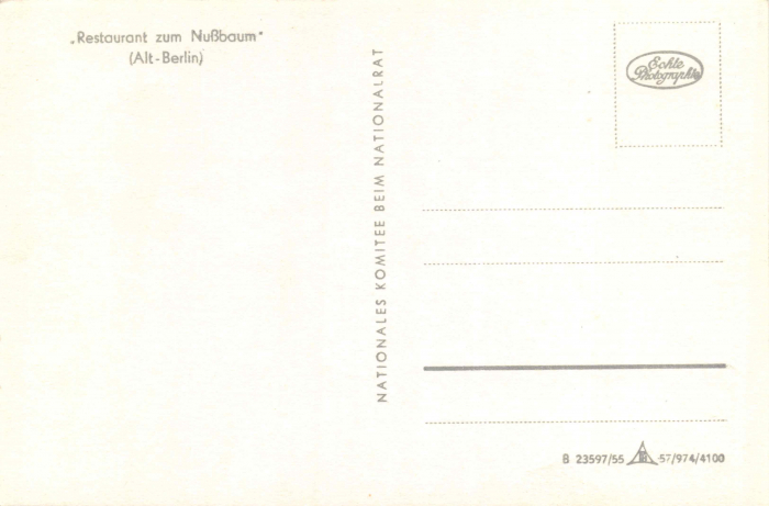 Rückansicht - Restaurant zum Nussbaum, Alt-Berlin 1955 - Alte Postkarte Karton, s/w-Abzug