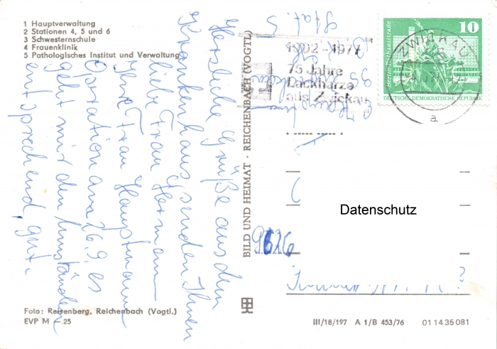 Rückansicht - Zwickau - Heinrich-Braun-Krankenhaus, 1976 - sehr schöne alte Postkarte vom Heinrich-Braun-Krankenhaus gelaufene Postkarte