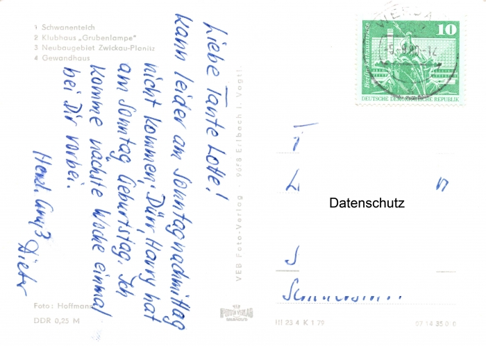 Rückansicht - Zwickau - Schwanenteich, Gewandhaus uvm., 1979 - Sehr schöne Schwarz-Weiß-Postkarte von Zwickau seltene Postkarte