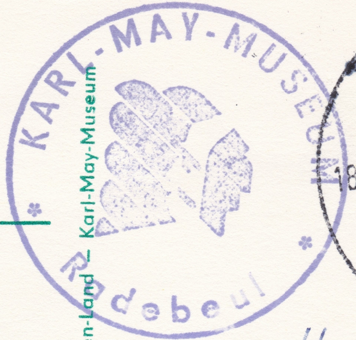 Stempel - Postkarte - 60 Jahre Karl-May-Museum in Radebeul, 1988 mit Briefmarke 10 Pfennig DDR, Palast der Republik