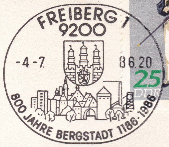 Stempel - Postkarte - 800 Jahre Freiberg, Bergparade, 25 Pfennig DDR, 1986 - Bergakademist in Parade 19. Jahrhundert Sonderedition!