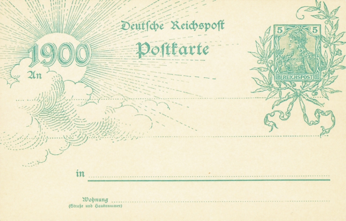 Vorderansicht - 1900 Jahrhundert-Postkarte - Sonne und Wolken, Deutsches Kaiserreich - 5 Mark, Fünf Reichsmark Briefmarke, 1900 ungenutzt, sehr selten!
