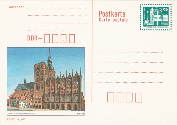 Postkarte Rathaus und Nikolaikirche, Stralsund aus Postkartenserie Bauten und Denkmäler, DDR