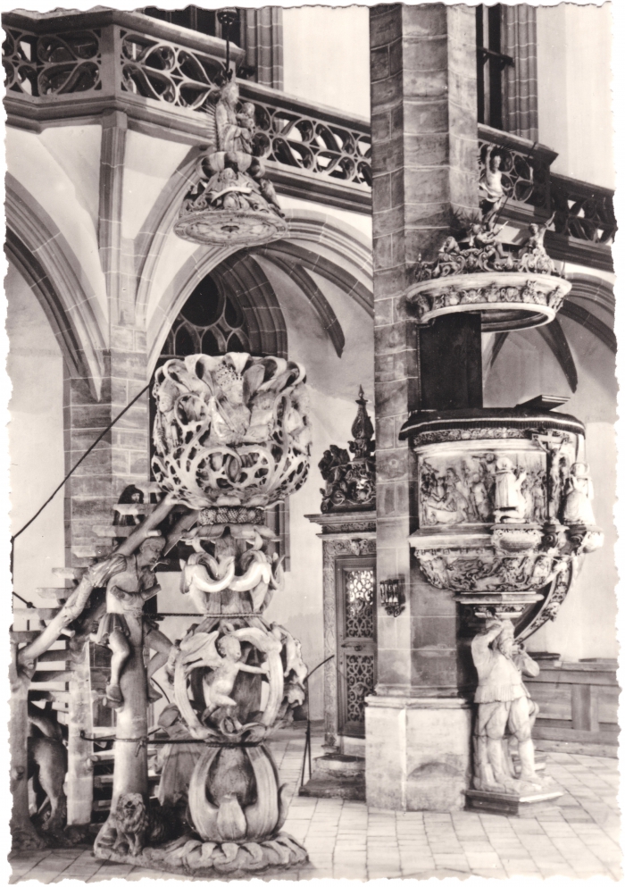 Vorderansicht - Ansichtskarte - Kanzel in Freiberger Dom - Tulpenkanzel (um 1500) und Bergmannkanzel (1638) Foto von 1966!