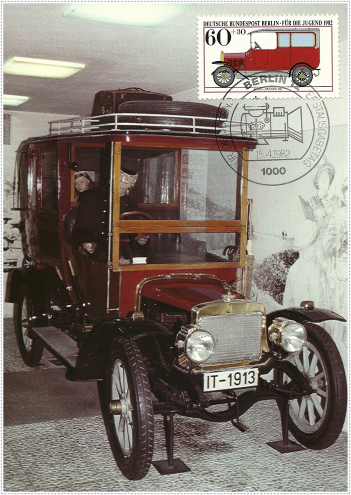 Vorderansicht - Auto von Adler Limousine 1913, Für die Jugend, 1982 - Jugendmarken - Historische Autos 60+30 Pfennige Deutsche Bundespost Bonn