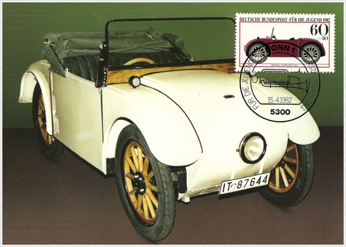 Vorderansicht - Auto von Hanomag Kommissbrot 1925, Für die Jugend, 1982 - Jugendmarken - Historische Autos 60+30 Pfennige Deutsche Bundespost Bonn