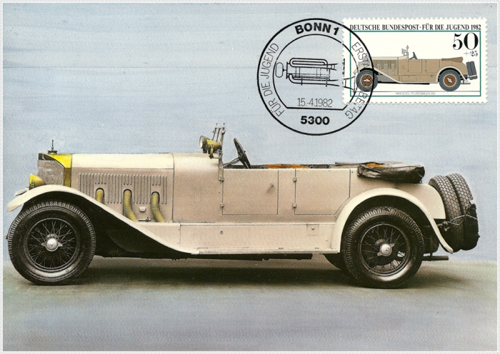 Vorderansicht - Auto von Mercedes-Tourenwagen 1913, Für die Jugend, 1982 - Jugendmarken - Historische Autos 50+25 Pfennige Deutsche Bundespost Bonn
