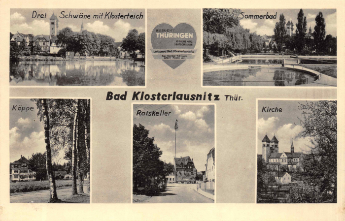 Vorderansicht - Bad Klosterlausnitz, Klosterkirche, Postkarte 1939 - Sommerbad, Köppe, Ratskeller, Kirche ungelaufen