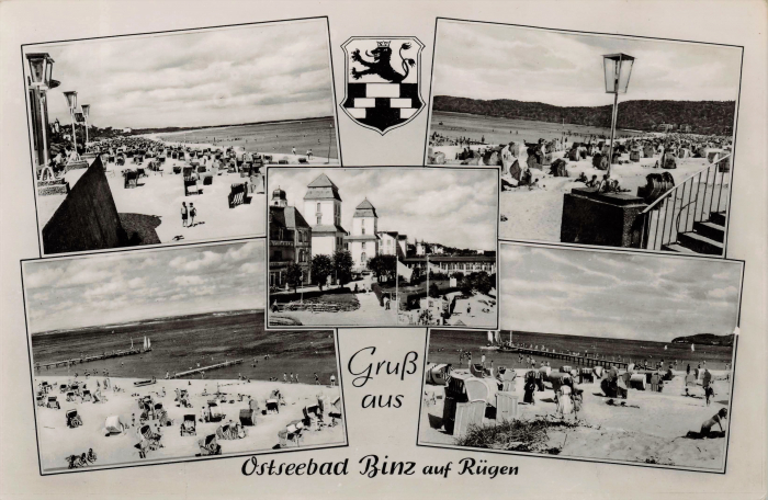 Vorderansicht - Grüß aus Ostseebad Binz auf Rügen, Postkarte 1961 DDR - Ansichtskarte Binz Strand ungelaufen