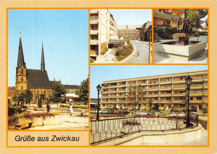 Vorderansicht - Grüße aus Zwickau - Ansichtskarte, 1989 - Katharinenkirche, Neubaugebiet Alter Steinweg, Brunnen der Leineweber alte Farbfotos