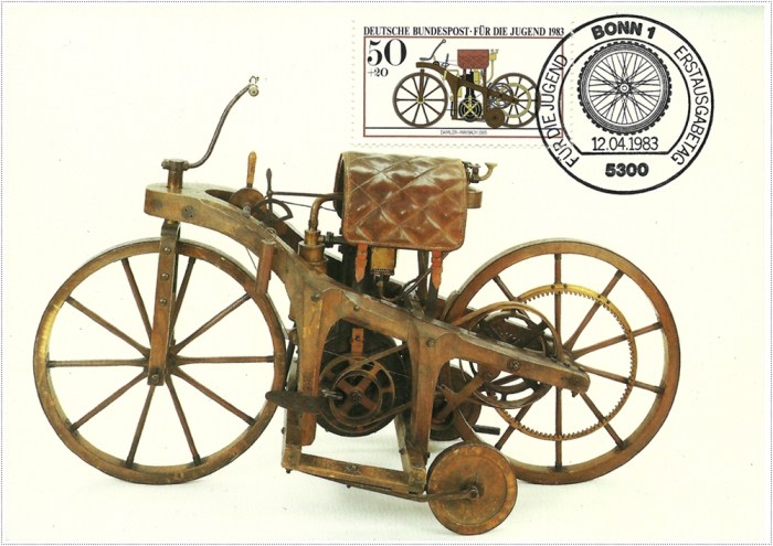 Vorderansicht - Motorrad von Daimler-Maybach 1885, Für die Jugend, Motorräder 1983 - Jugendmarken - Historische Motorräder 50+20 Pfennige Deutsche Bundespost Bonn