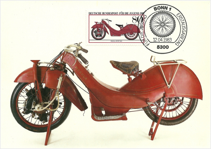 Vorderansicht - Motorrad von Megola-Sport 1922, Für die Jugend, Motorräder 1983 - Jugendmarken - Historische Motorräder 80 Pfennige Deutsche Bundespost Berlin