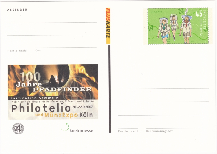Vorderansicht - Pluskarte - 100 Jahre Pfadfinder, 2007 - Philatelia und MünzExpo Köln, 20.-22.9.2007 Ganzsache - 45 Cent Briefmarke