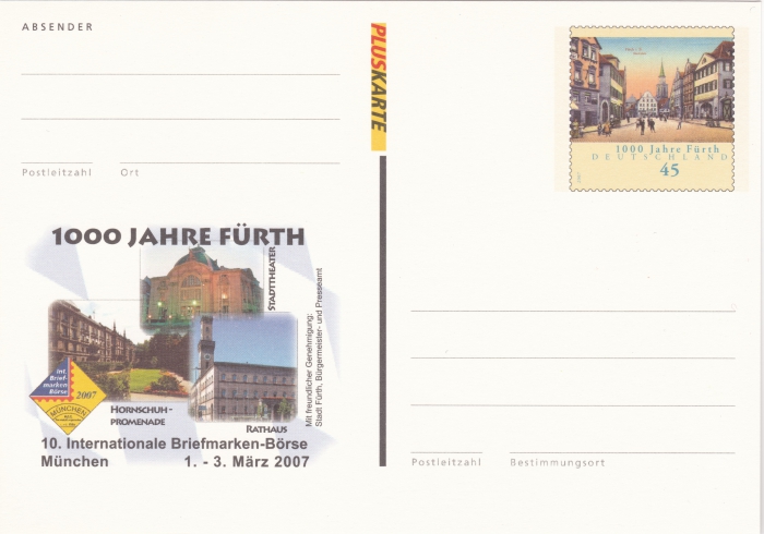 Vorderansicht - Pluskarte - 1000 Jahre Fürth, 2007 - 10. Internationale Briefmarken-Börse München Ganzsache - 45 Cent Briefmarke
