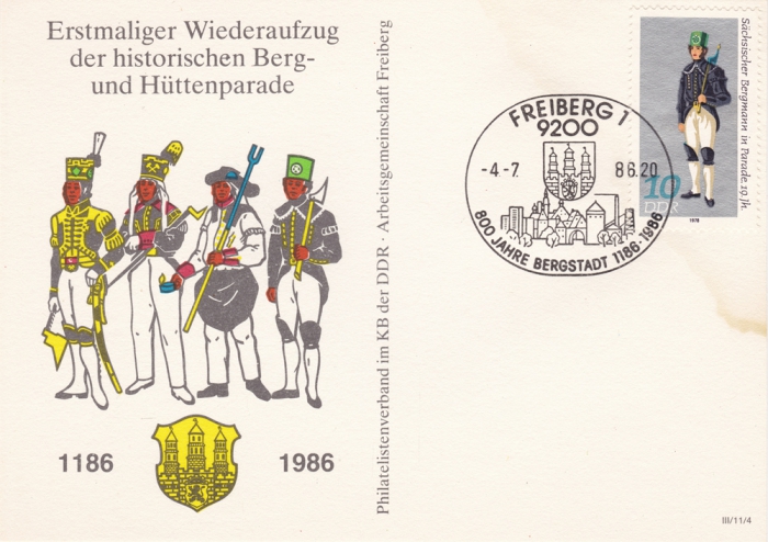 Vorderansicht - Postkarte - 800 Jahre Freiberg, Bergparade, 10 Pfennig DDR, 1986 - Sächsischer Bergmann in Parade 19. Jahrhundert sehr seltene Postkarte!