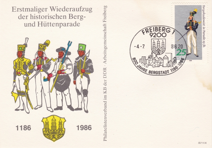Vorderansicht - Postkarte - 800 Jahre Freiberg, Bergparade, 25 Pfennig DDR, 1986 - Bergakademist in Parade 19. Jahrhundert sehr seltene Postkarte!
