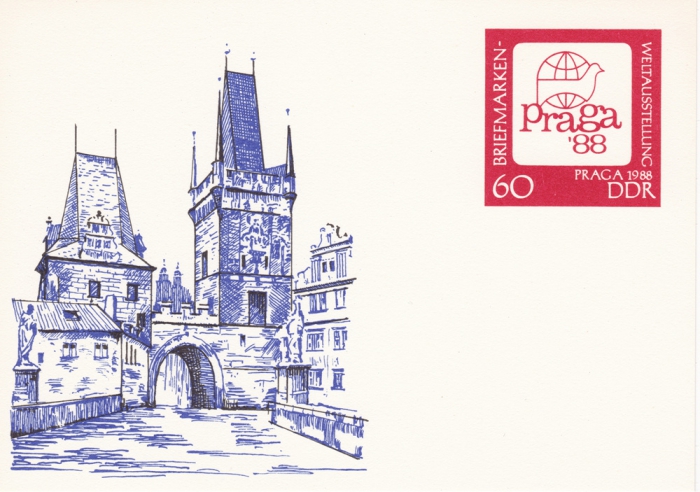 Vorderansicht - Postkarte - Briefmarken-Weltausstellung Prag, 1988 - 60 Pfennig DDR, Praga 88 sehr schön gestaltete Ehren-Postkarte