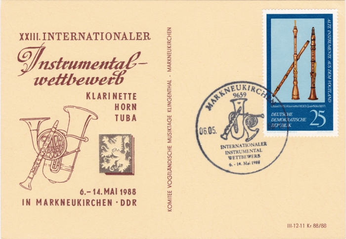 Vorderansicht - Postkarte - XXIII. Internationaler Instrumentalwettbewerb in Markneukirchen - 25 Pfennig Briefmarke DDR - Oboe, Klarinette, Querflöte, 1988 Postkarte mit Sonderstempel 6. - 14. Mai 1988