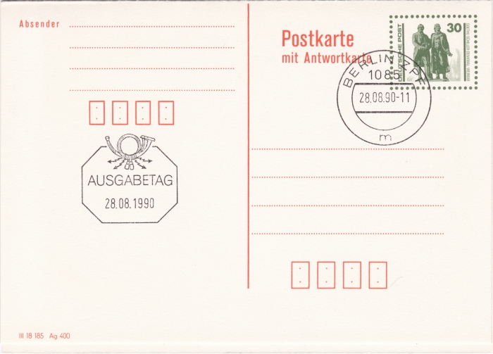 Vorderansicht - Postkarte mit Antwortkarte - Goethe-Schiller-Denkmal - Ganzsache - 30 Pfennig Briefmarke DDR Ausgabetag 28.08.1990!