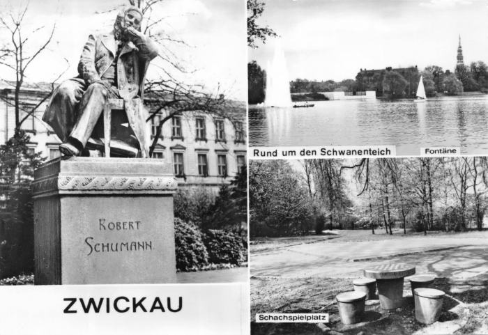 Vorderansicht - Zwickau -  Robert-Schumann-Denkmal am Schwanenteich, 1973 - Ansichtskarte zum Kaufen Echt Foto