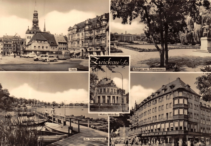 Vorderansicht - Zwickau - Ansichtskarte, 1969 - Markt, Mokka-Milch-Bar, Schwanenteich, Ringkaffee Echt Foto