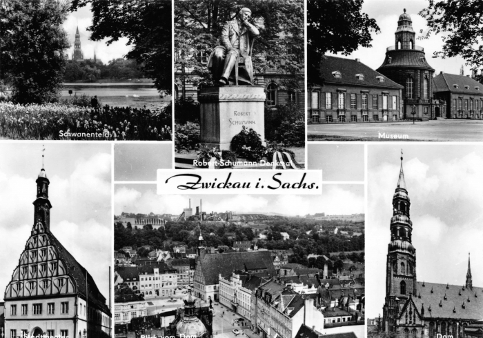 Vorderansicht - Zwickau - Ansichtskarte, 1975 - Wunderschöne Ansichtskarte mit 5 Motiven Schwanenteich, Robert-Schumann-Denkmal, Museum, Stadttheater, Blick vom Dom, Dom