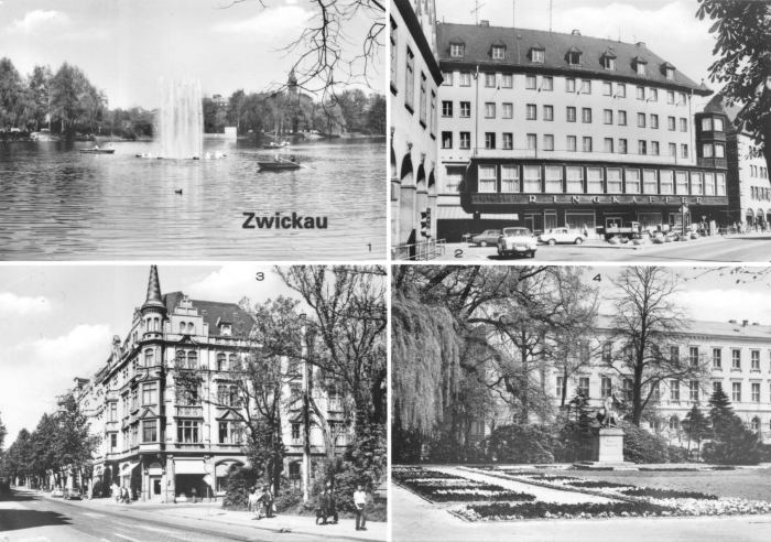 Vorderansicht - Zwickau - Ansichtskarte, 1981 - Wunderschöne Ansichtskarte mit 4 Motiven Schwanenteich, Ringkaffee, Bahnhofstraße und Robert-Schumann-Denkmal