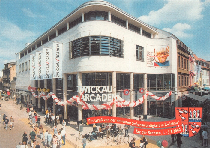 Vorderansicht - Zwickau - Ansichtskarte, Eine Stadt Lebt Auf! Tag der Sachsen als Ansichtskarte Zwickau Arcaden Werbepostkarte