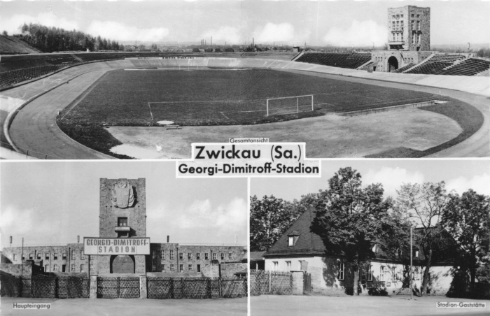 Vorderansicht - Zwickau - Georgi-Dimitroff-Stadion (Westsachsenstadion), 1960 - Ansichtskarte zum Kaufen Echte Fotografie