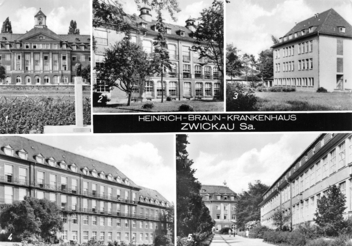 Vorderansicht - Zwickau - Heinrich-Braun-Krankenhaus, 1976 - sehr schöne alte Postkarte vom Heinrich-Braun-Krankenhaus schwarz-weiß Ansichtskarte