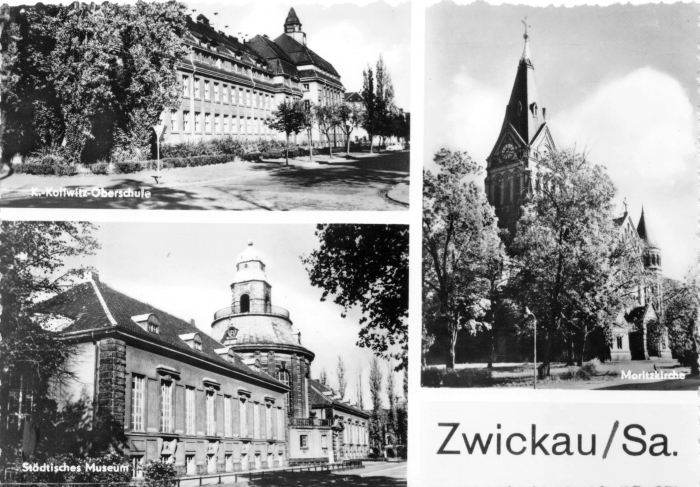 Vorderansicht - Zwickau - Käthe-Kollwitz-Schule,Museum, Moritzkirche, 1969 - sehr schöne 3 unterschiedliche Stadtansichten von Zwickau Echt Foto