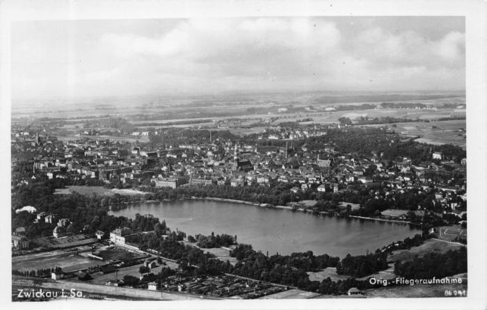 Vorderansicht - Zwickau - Luftaufnahme Schwanenteich, 1957 - Original Fliegeraufnahme No. 86791 Echt Foto