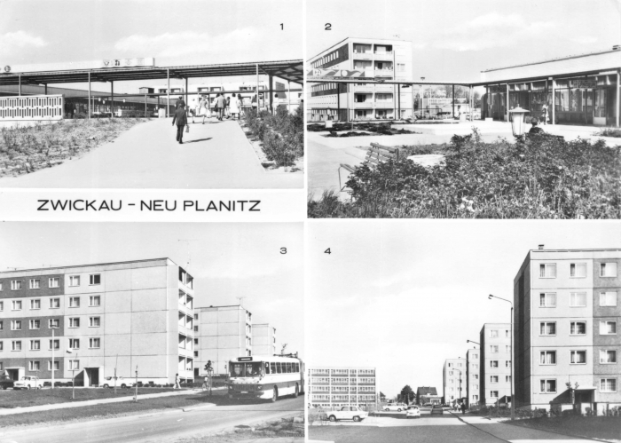 Vorderansicht - Zwickau - Neuplanitz, 1979 - Leninstraße, Versorgungszentrum, Ernst-Grube-Straße Neubaugebiet Neuplanitz mit 4 Motiven