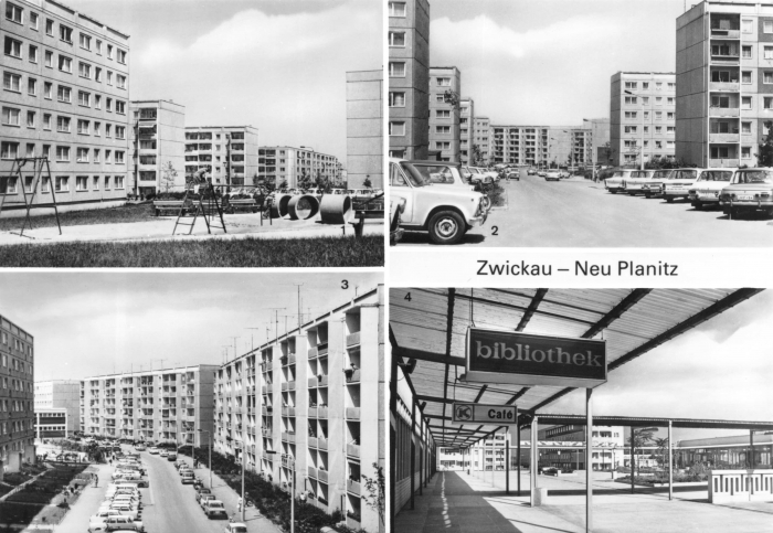 Vorderansicht - Zwickau - Neuplanitz, 1980 - Teilansichten von Neuplanitz, Allendenstraße und Diazstraße Neubaugebiet Neuplanitz mit 4 Motiven