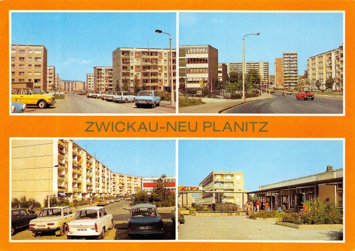 Teilansichten von Neuplanitz mit parkenden Trabanten und Wartburgs