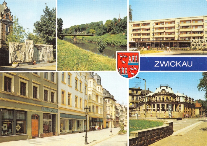 Vorderansicht - Zwickau - Paradiesbrücke, Mokka-Milchbar uvm., 1989 - Rosa-Luxemburg-Denkmal, Paradiesbrücke, Modeboutique, Hauptstraße und Mokka-Milchbar Echte Fotografie