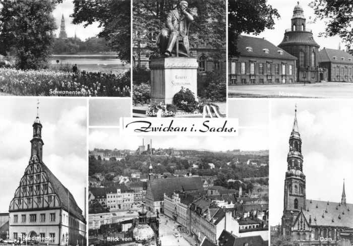 Vorderansicht - Zwickau - Robert-Schumann-Denkmal, 1969 - 6 Motive - Schwanenteich, Robert-Schumann-Denkmal, Museum, Stadttheater, Blick vom Dom, Dom Echt Foto