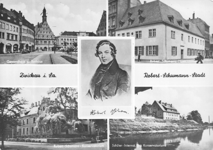 Vorderansicht - Zwickau - Robert-Schumann-Stadt, 1965 - 5 Motive - Robert Schumann, Gewandhaus und Rathaus, Konservatorium, Robert-Schumann-Haus Echte Fotografie