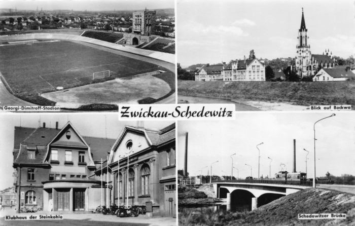 Vorderansicht - Zwickau - Schedewitz, 1961 - Georgi-Dimitroff-Stadion, Blick auf Bockwa, Klubhaus der Steinkohle, Schwedewitzer Brücke Echte Fotografie