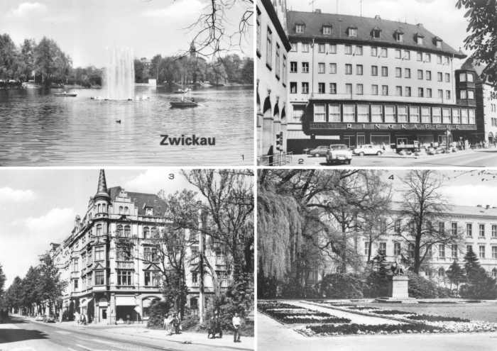 Vorderansicht - Zwickau - Schwanenteich, Ringkaffee uvm., 1981 - Schwanenteich, Ringkaffee, Bahnhofstraße und Robert-Schumann-Denkmal Echt Foto